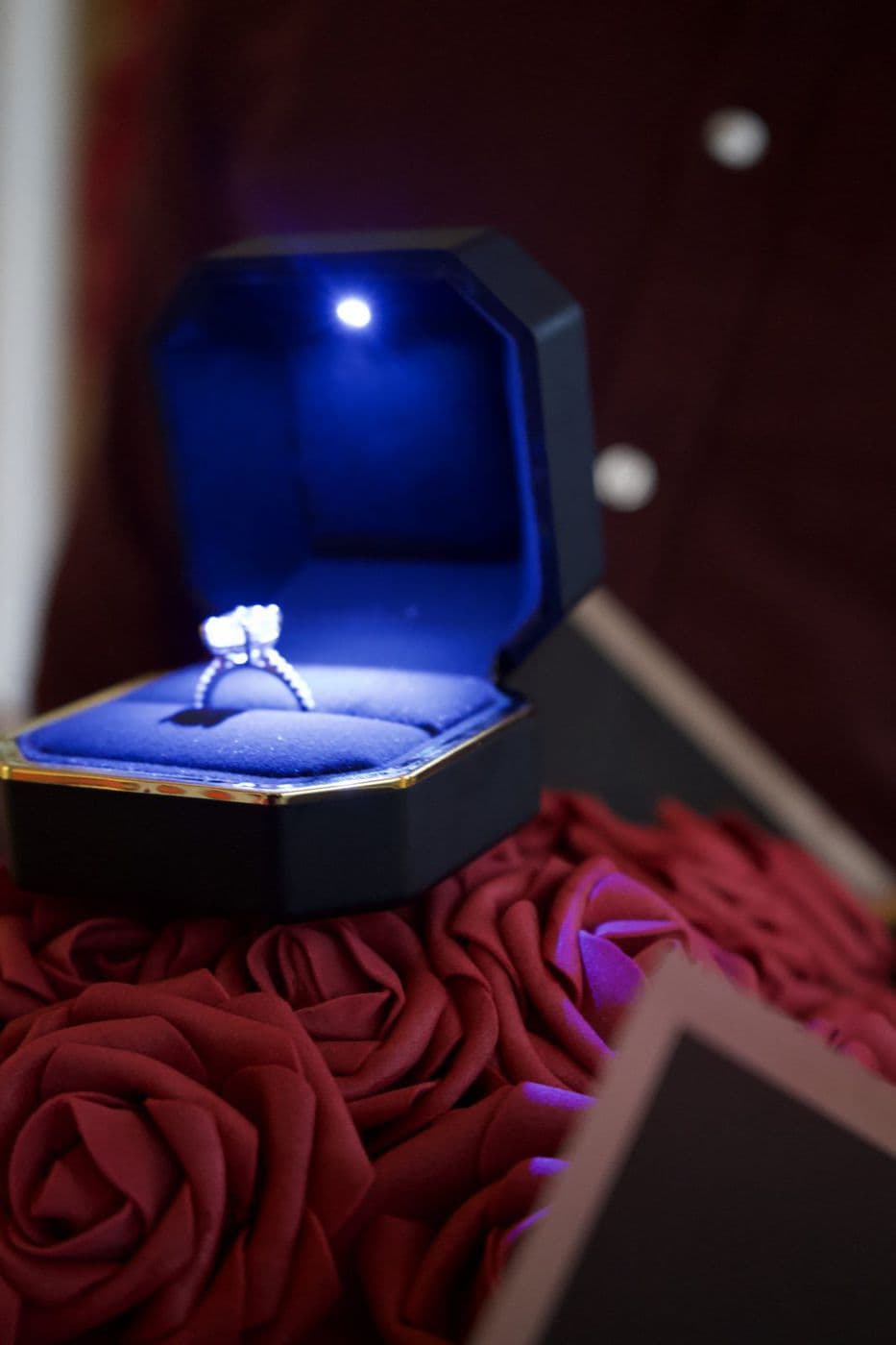 A ring in an illuminated blue box resting on a bed of red roses.